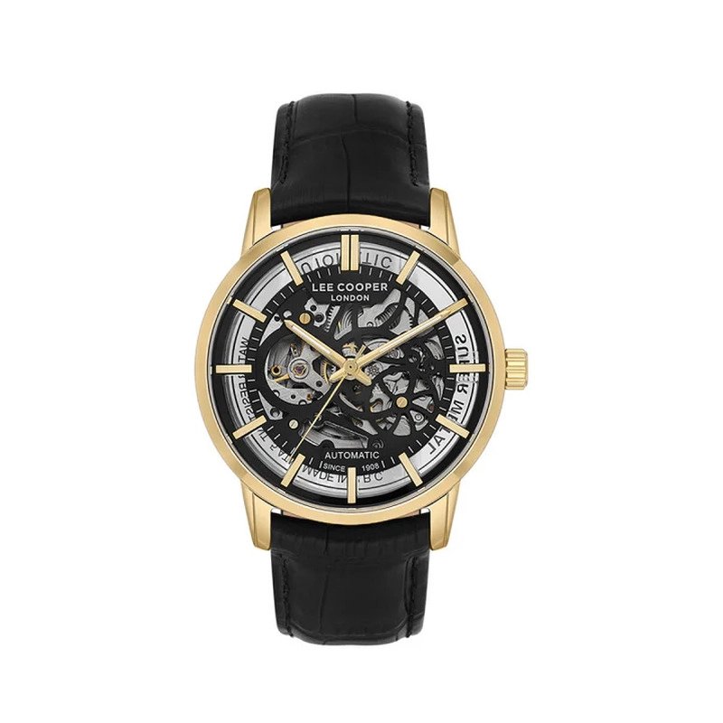 Reloj automático esqueleto de metal y piel, dorado, negro - LC08035.161