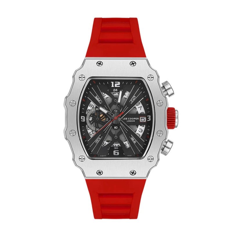 Quartz watch in metal and silicone, silver, black, red - LC08062.388