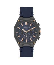 Quartz watch in metal and leather, blue, gun - LC07318.099