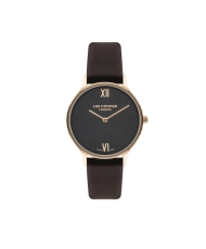 Quartz watch in metal and leather, rose gold, black, chocolate - LC07712.466