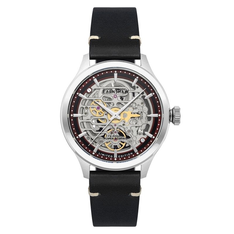 Photo de face de cette Montre Squelette Homme en Acier inoxydable Gris, Noir - BARON - EARNSHAW | ES-8229-03