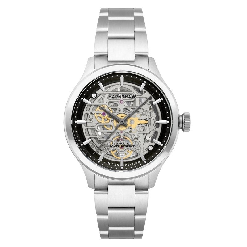 Photo de face de cette Montre Squelette Homme en Acier inoxydable Gris, Noir - BARON - EARNSHAW | ES-8229-11