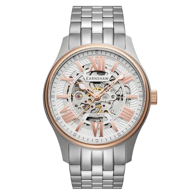 Front photo of this Men's Skeleton Watch in Stainless Steel, PVD Rose Grey, Pink - SIMPSON - EARNSHAW | ES-8240-55