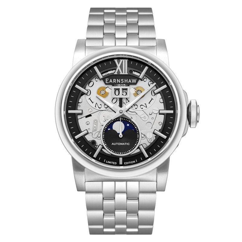 Front photo of this Men's Skeleton Watch in Stainless Steel Grey, Black - HANSOM - EARNSHAW | ES-8241-22