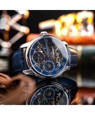Montre Squelette Automatique en Cuir Véritable, Bleu, Argenté - LONGITUDE AUTOMATIC SKELETON - ES-8006-0C