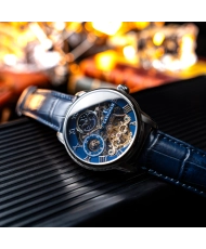 Montre Squelette Automatique en Cuir Véritable, Bleu, Argenté - LONGITUDE AUTOMATIC SKELETON - ES-8006-0C