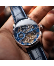 Montre Squelette Automatique en Cuir Véritable, Bleu, Argenté - LONGITUDE AUTOMATIC SKELETON - ES-8006-0C