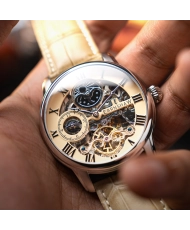 Montre Squelette Automatique en Cuir Véritable, Beige, Argenté - LONGITUDE AUTOMATIC SKELETON - ES-8006-0D