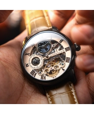 Montre Squelette Automatique en Cuir Véritable, Noir, Doré, Rose, Camel - LONGITUDE AUTOMATIC SKELETON - ES-8006-0G