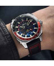 Montre Automatique en Cuir véritable, Noir, Argenté, Rouge - HAWKER HUNTER ATLAS GMT AUTOMATIC - AV-4122-01