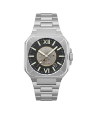 Front photo of this Men's Skeleton Watch in Stainless Steel Grey, Black - ARMOURY SKELETON AUTOMATIC - EARNSHAW | ES-8258-1