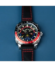 Montre Automatique en Cuir véritable, Noir, Argenté, Rouge - HAWKER HUNTER ATLAS GMT AUTOMATIC - AV-4122-01