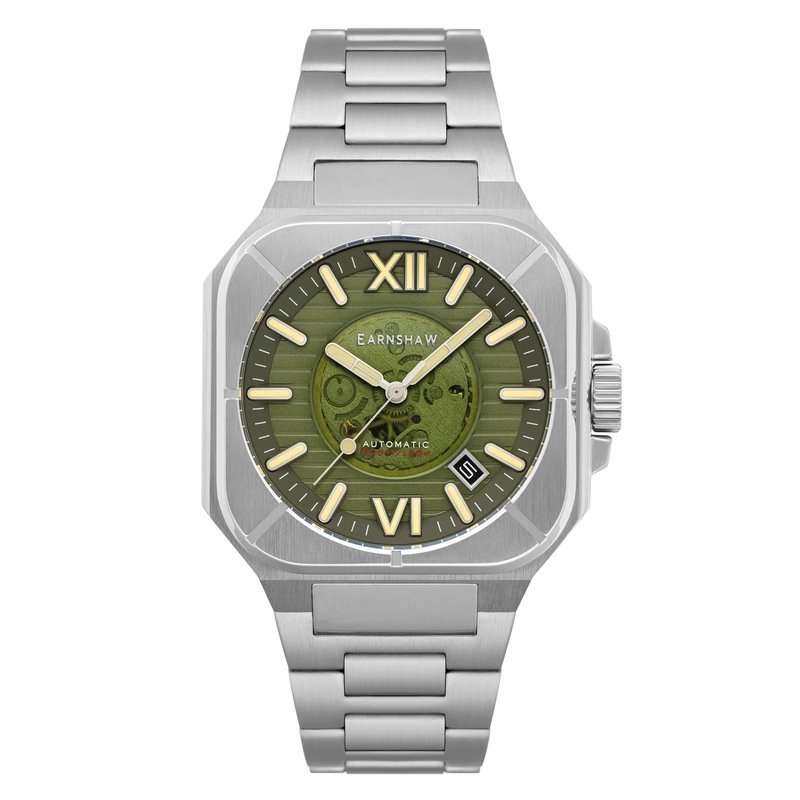 Front photo of this Men's Skeleton Watch in Stainless Steel Grey, Green - ARMOURY SKELETON AUTOMATIC - EARNSHAW | ES-8258-4