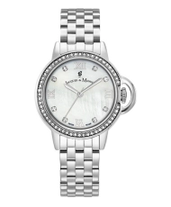 Foto frontal del reloj suizo para mujer en acero inoxidable y blanco pulido, gris - Grace - JACQUES DU MANOIR | JWL02505