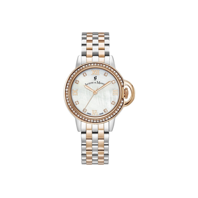 Foto frontal del reloj suizo para mujer en acero inoxidable y pulido gris, rosa - Grace - JACQUES DU MANOIR | JWL02507