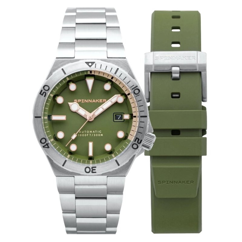 Foto frontal de este reloj de buceo para hombre en acero inoxidable gris, verde BOETTGER AUTOMATIC - SPINNAKER | SP-5083-FF