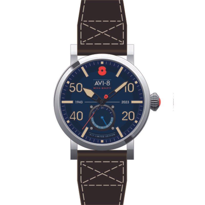 Montre Homme Meca Quartz en Acier inoxydable, Cuir, Navy Blue, Argenté, Marron - DAMBUSTER - AV-4108-RBL-02 - AVI-8