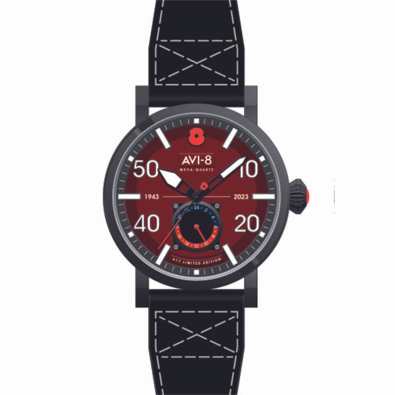 Montre Homme Meca Quartz en Acier inoxydable, Cuir, Merlot Red, Noir - DAMBUSTER - AV-4108-RBL-04 - AVI-8