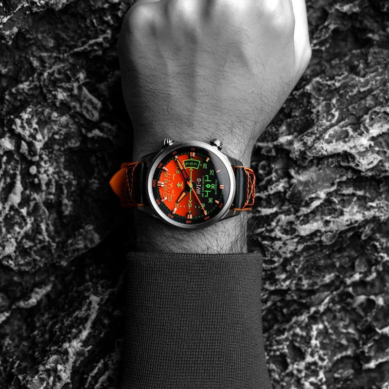 Montre automatique en acier inoxydable et cuir,silicone, orange,noir,gun - HAWKER HARRIER HUD AUTOMATIC  - AV-4117-03 de la marque AVI-8