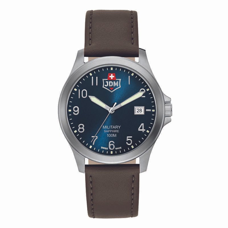 Schweizer Herrenuhr aus Edelstahl, Leder, Blau, Silber, Braun – ALPHA I – JDM-WG001-03 – JDM – Militär