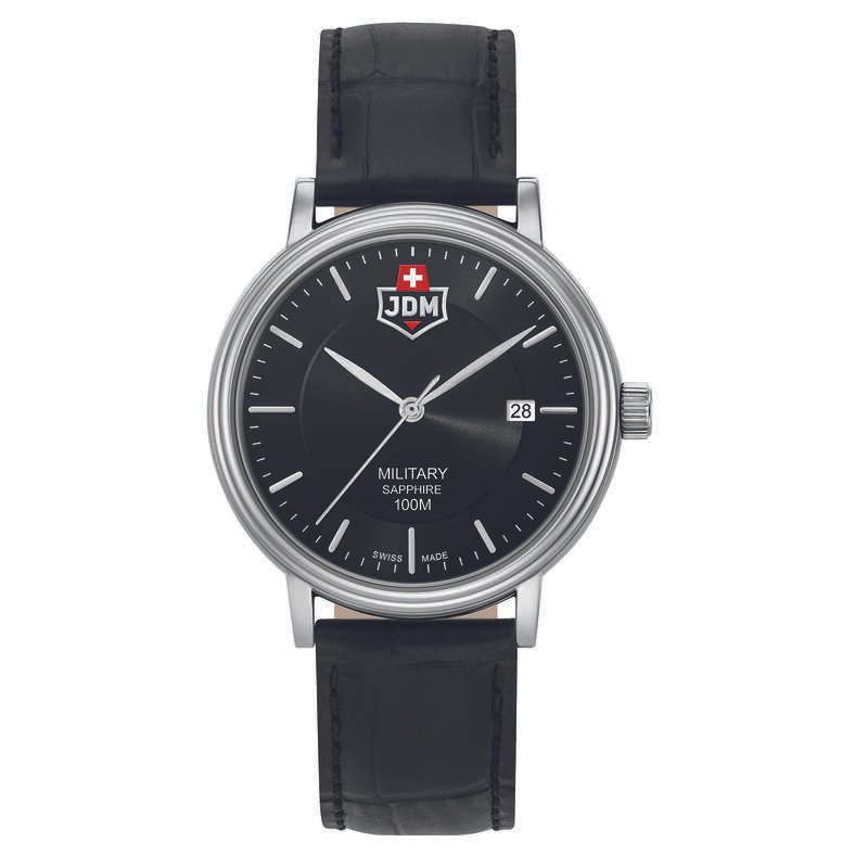 Montre Suisse Homme en Acier inoxydable, Cuir, Noir, Argenté, Noir - KILO - JDM-WG004-07 - JDM - Military