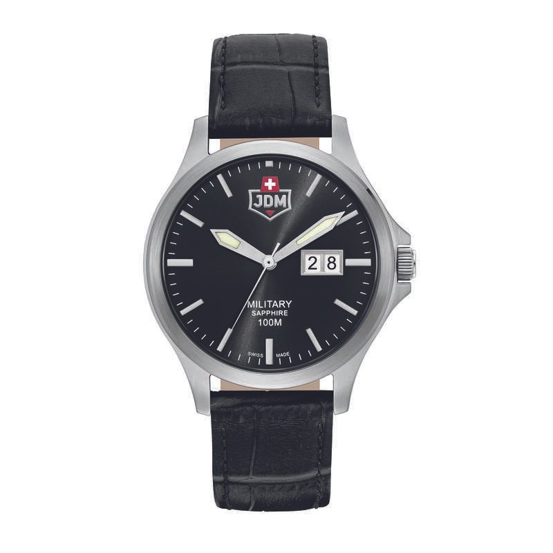 Montre Suisse Homme en Acier inoxydable, Cuir, Noir, Argenté - ALPHA BIG DATE - JDM-WG014-06 - JDM - Military