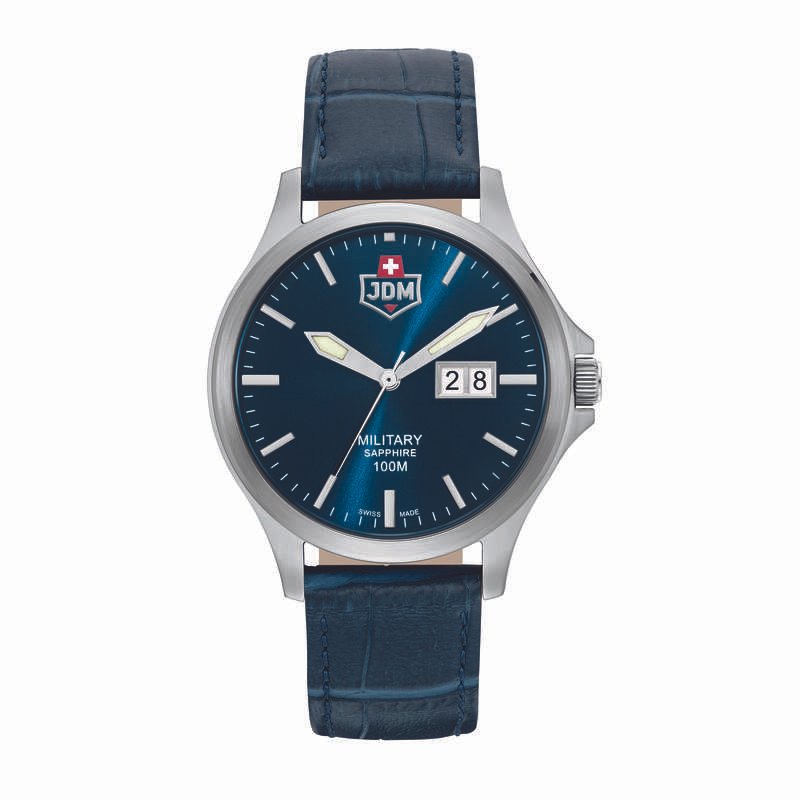 Swiss Men's Watch in Stainless Steel, Leather, Blue, Silver - ALPHA BIG DATE - JDM-WG014-08 - JDM - Military